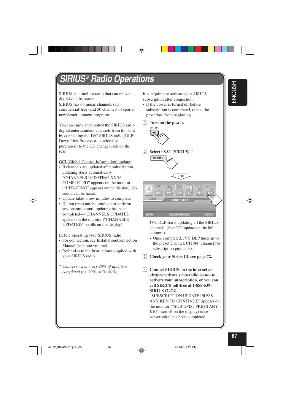 Sirius radio operations, Sirius, Radio operations | English | JVC KD-AV7010 User Manual | Page 67 / 92