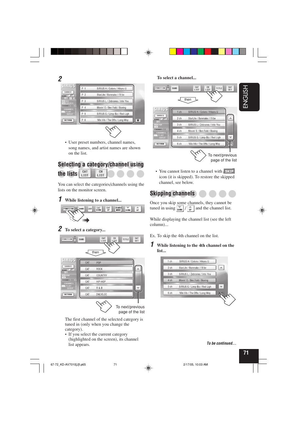 English, Selecting a category/channel using, The lists | Skipping channels | JVC KD-AV7010 User Manual | Page 71 / 92