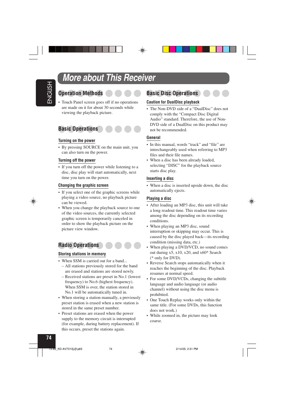 More about this receiver, English, Operation methods | Basic operations, Radio operations, Basic disc operations | JVC KD-AV7010 User Manual | Page 74 / 92