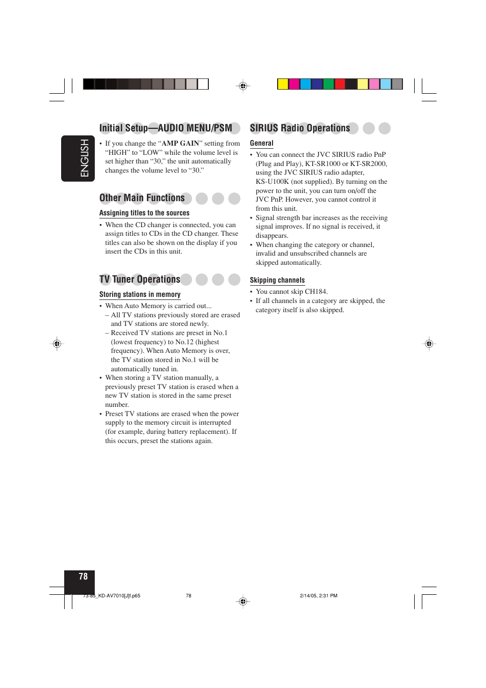 English, Sirius radio operations, Initial setup—audio menu/psm | Other main functions, Tv tuner operations | JVC KD-AV7010 User Manual | Page 78 / 92