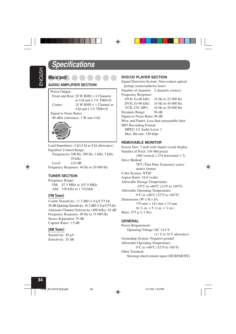 Specifications, English, Main unit | JVC KD-AV7010 User Manual | Page 84 / 92