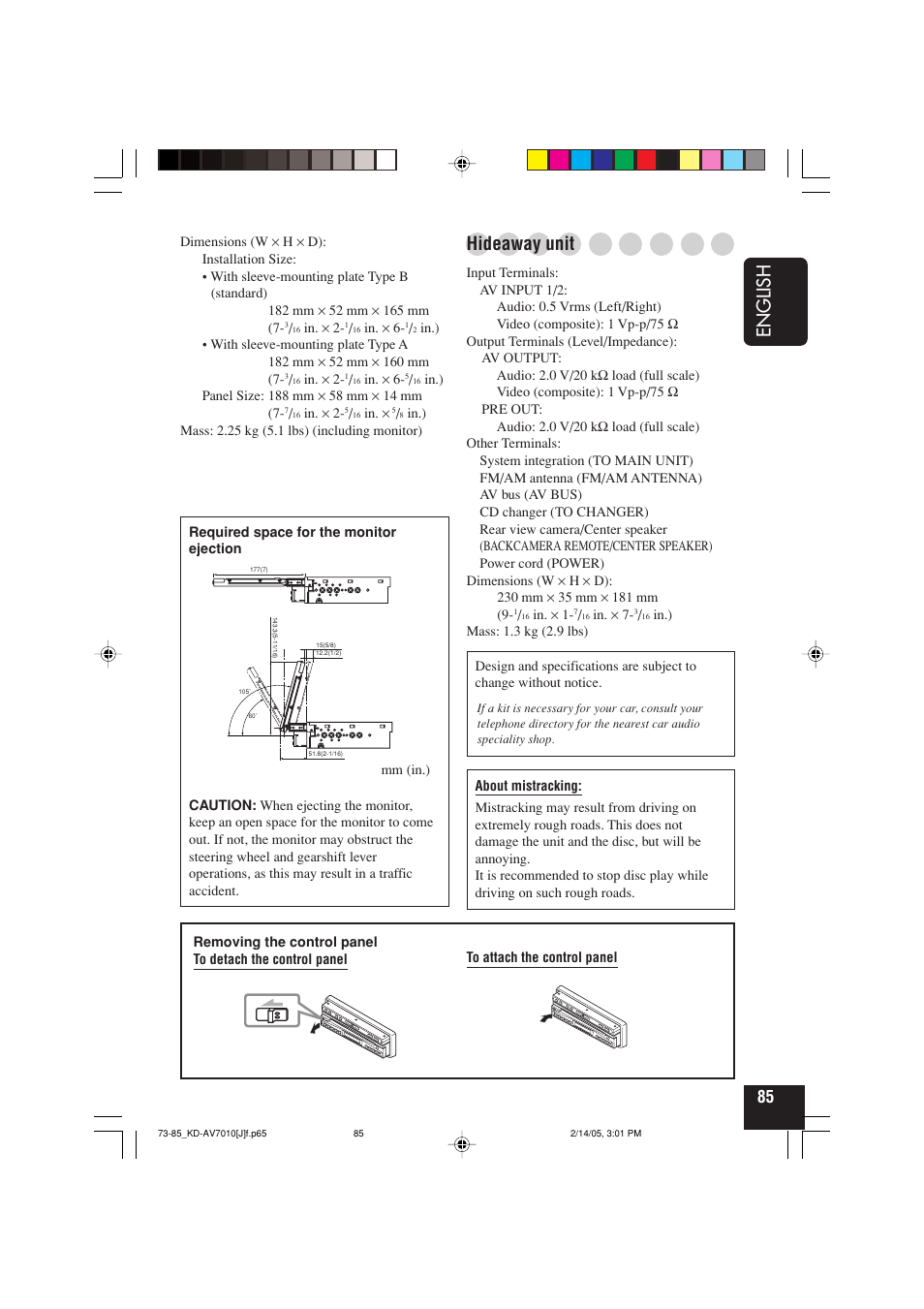 English, Hideaway unit | JVC KD-AV7010 User Manual | Page 85 / 92