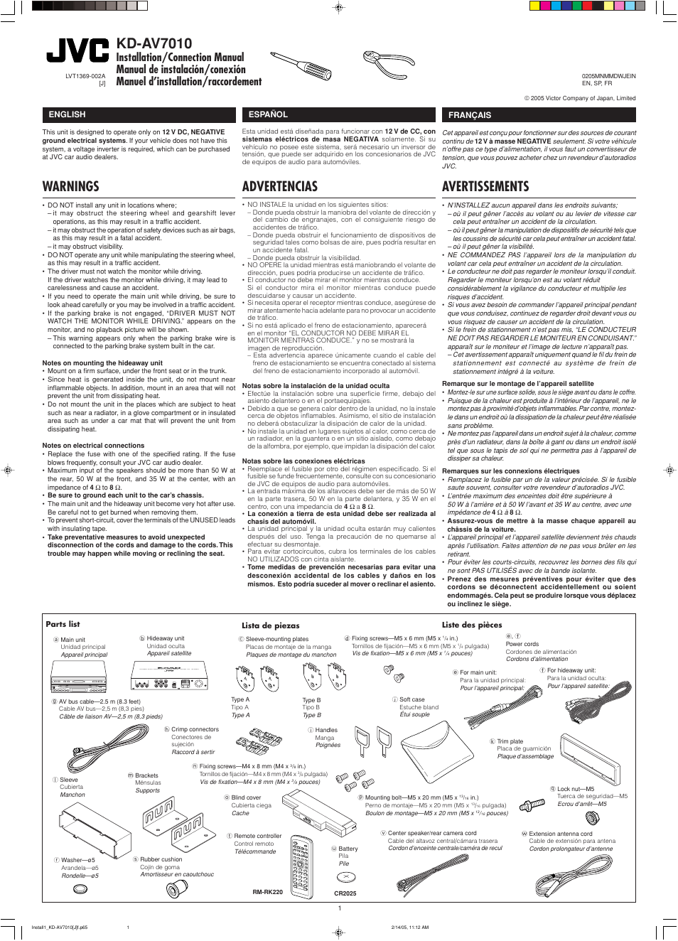 Installation/connection manual, Warnings, Kd-av7010 | Advertencias, Avertissements, Español, Français, English | JVC KD-AV7010 User Manual | Page 87 / 92