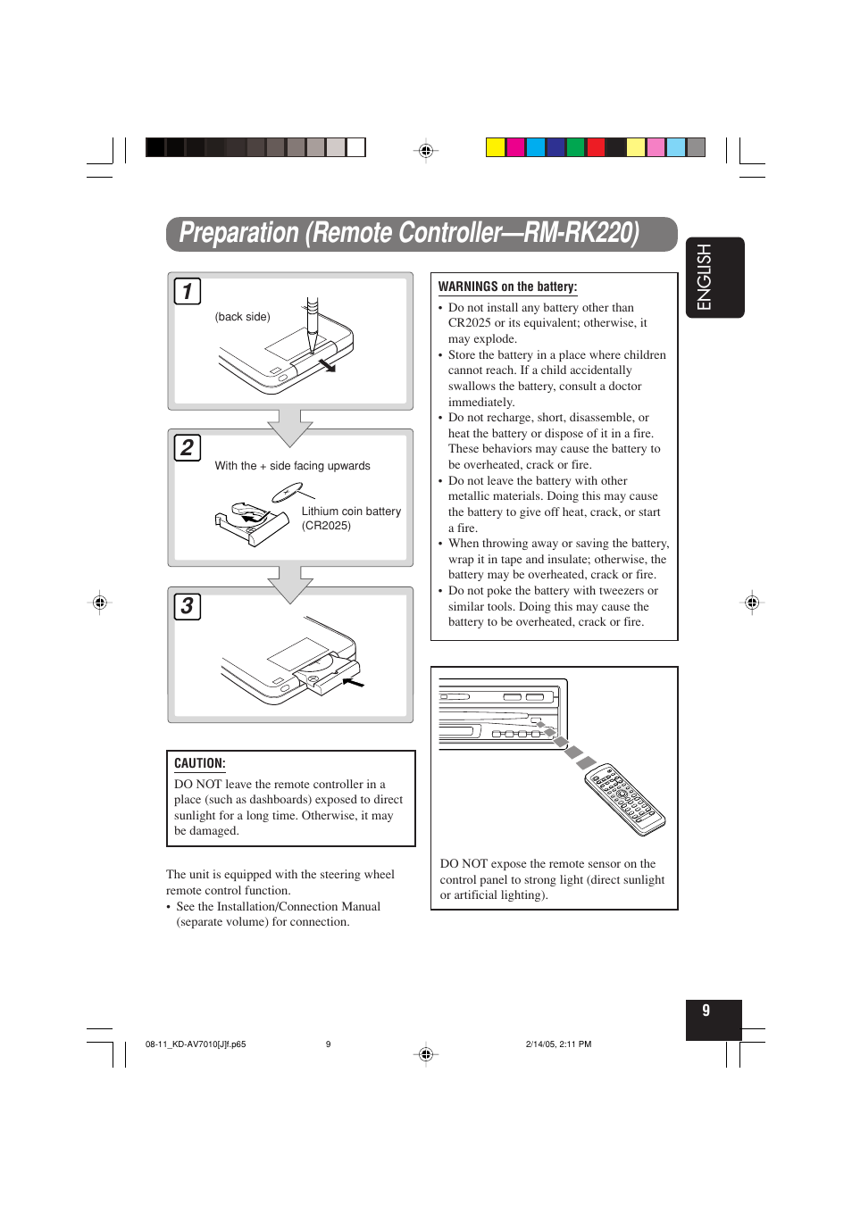 1 preparation (remote controller—rm-rk220), Preparation (remote controller—rm-rk220), English | JVC KD-AV7010 User Manual | Page 9 / 92