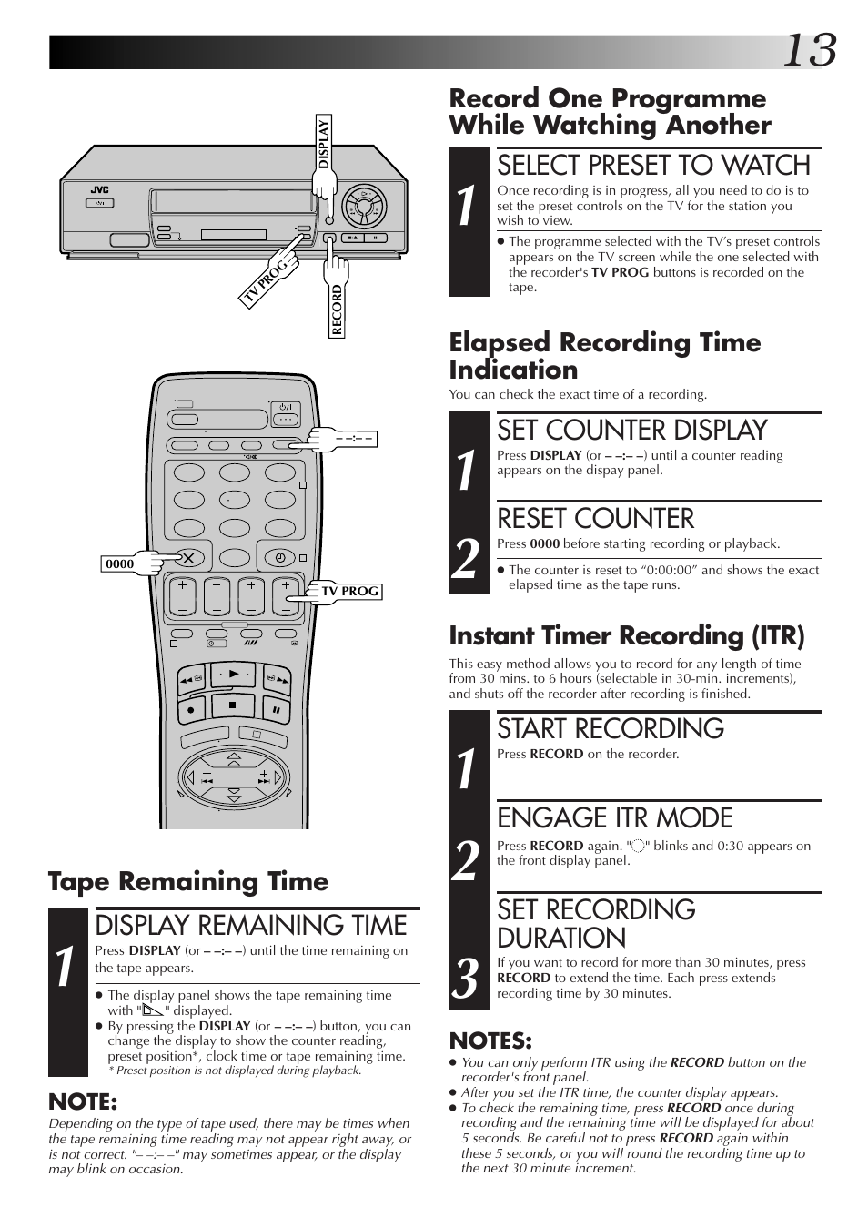 Display remaining time, Set counter display, Reset counter | Select preset to watch, Start recording, Engage itr mode, Set recording duration, Record one programme while watching another, Elapsed recording time indication, Tape remaining time | JVC HR-J255EK User Manual | Page 13 / 48