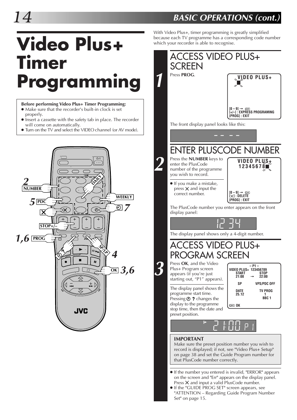 Video plus+ timer programming, Access video plus+ screen, Enter pluscode number | Access video plus+ program screen, Basic operations (cont.) | JVC HR-J255EK User Manual | Page 14 / 48