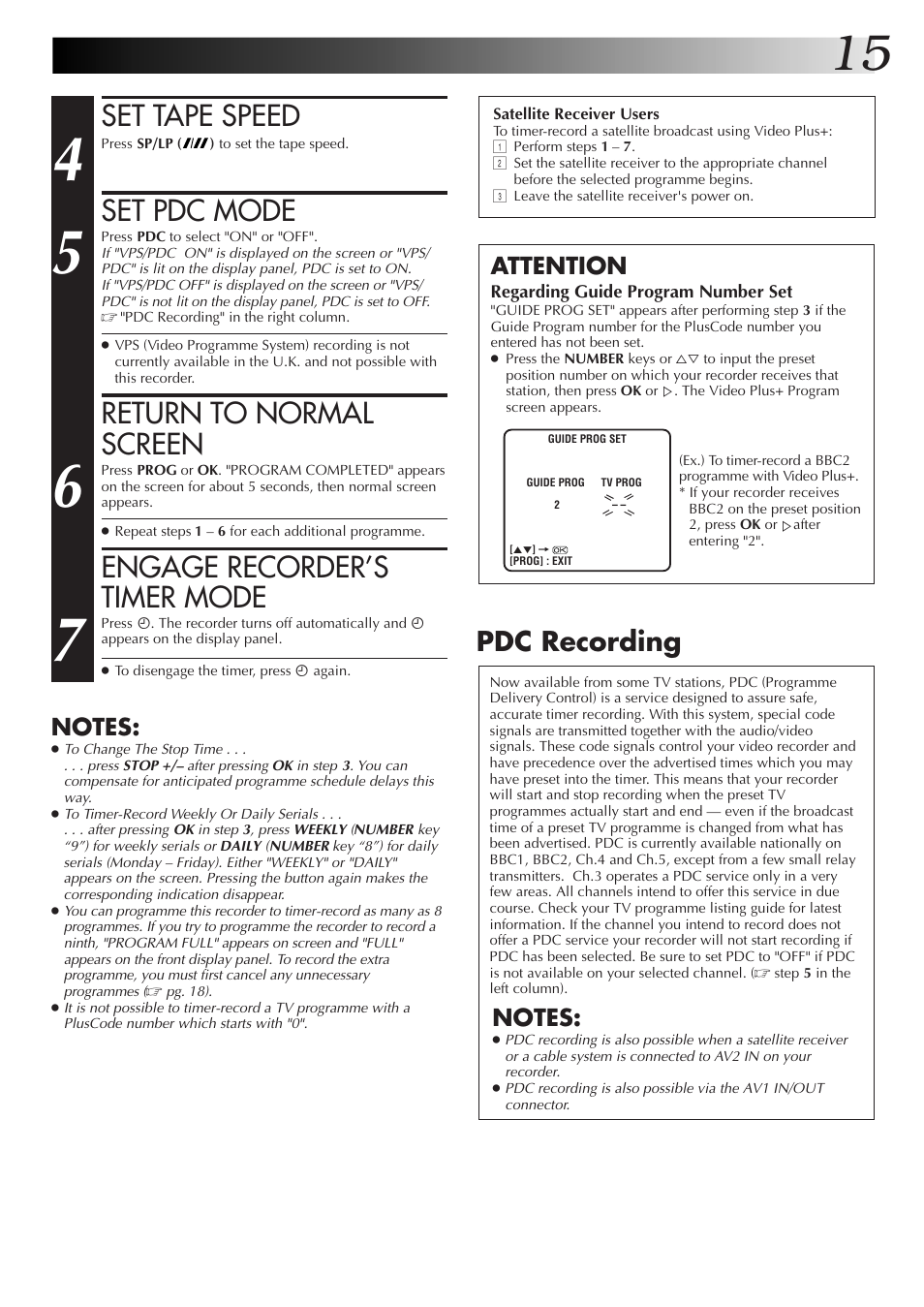 Set tape speed, Set pdc mode, Return to normal screen | Engage recorder’s timer mode, Pdc recording, Attention | JVC HR-J255EK User Manual | Page 15 / 48