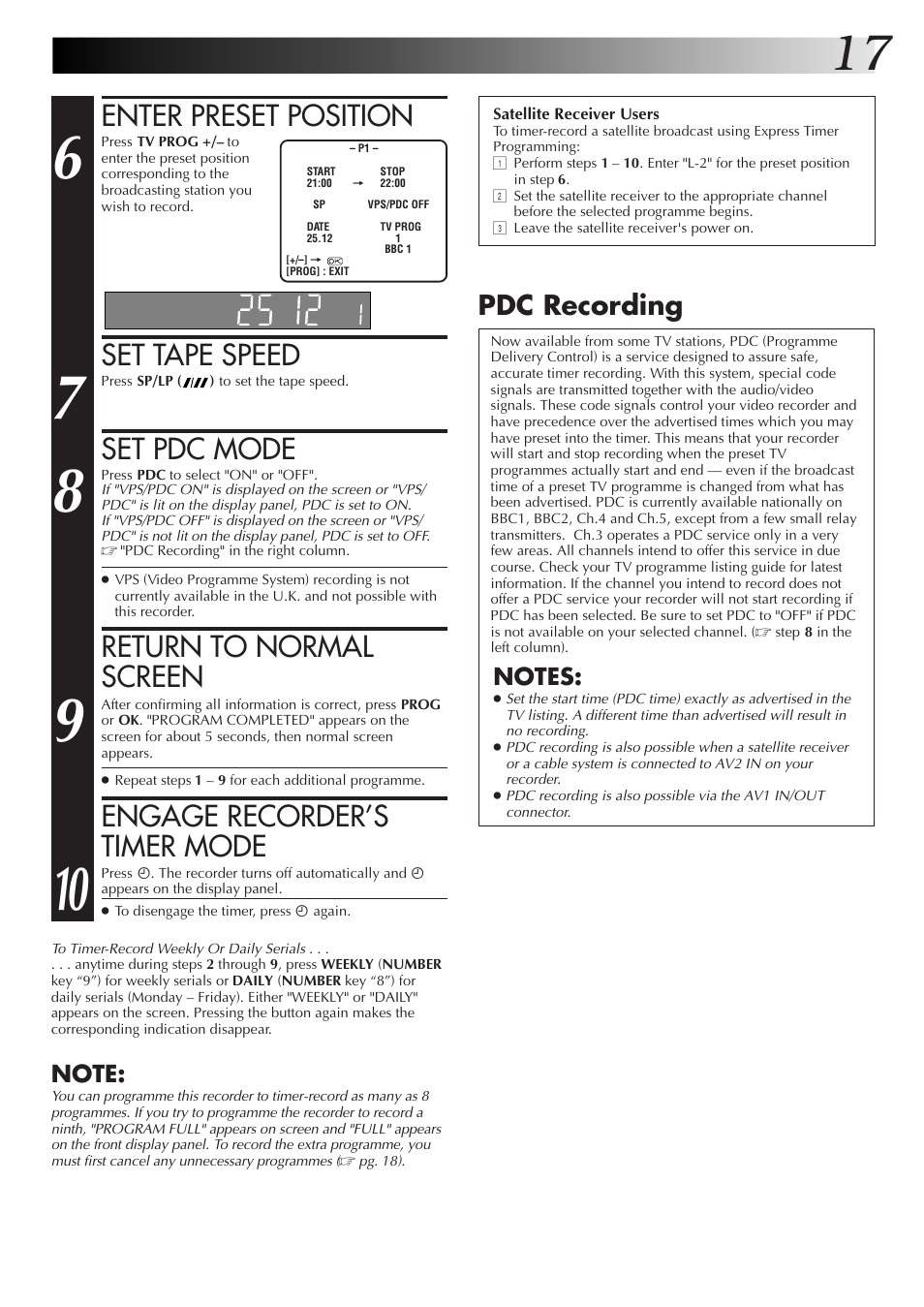 Enter preset position, Set tape speed, Set pdc mode | Return to normal screen, Engage recorder’s timer mode, Pdc recording | JVC HR-J255EK User Manual | Page 17 / 48