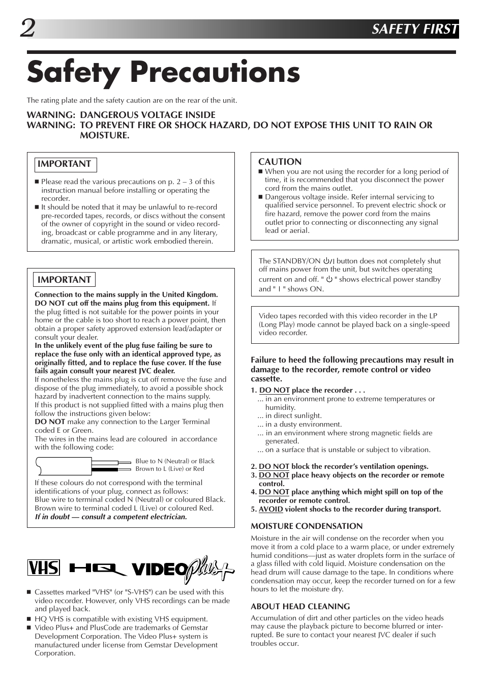Safety precautions, Safety first | JVC HR-J255EK User Manual | Page 2 / 48