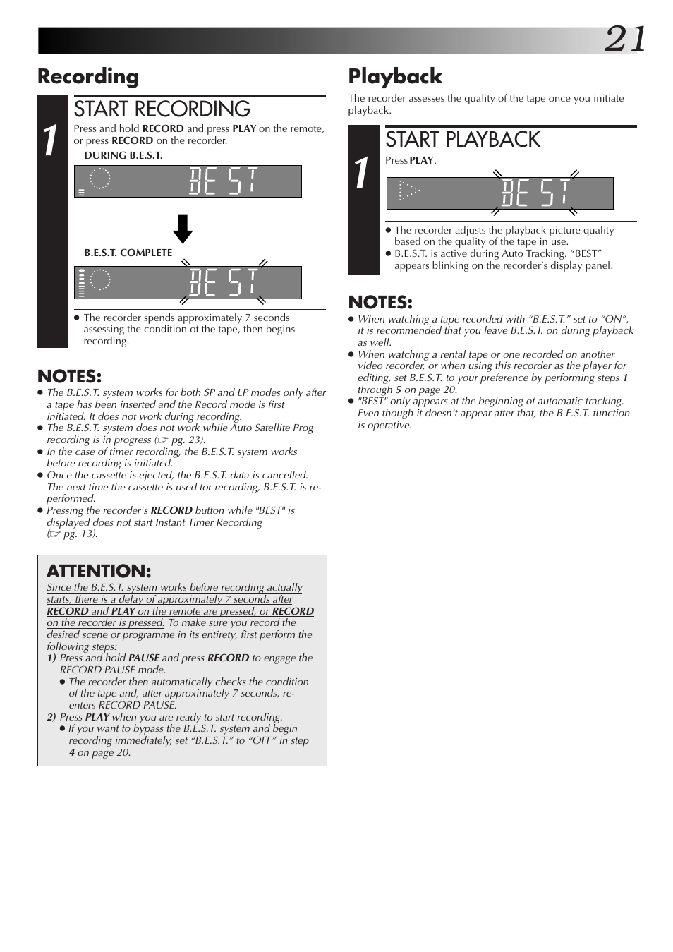 Start recording, Start playback, Recording | Playback, Attention | JVC HR-J255EK User Manual | Page 21 / 48