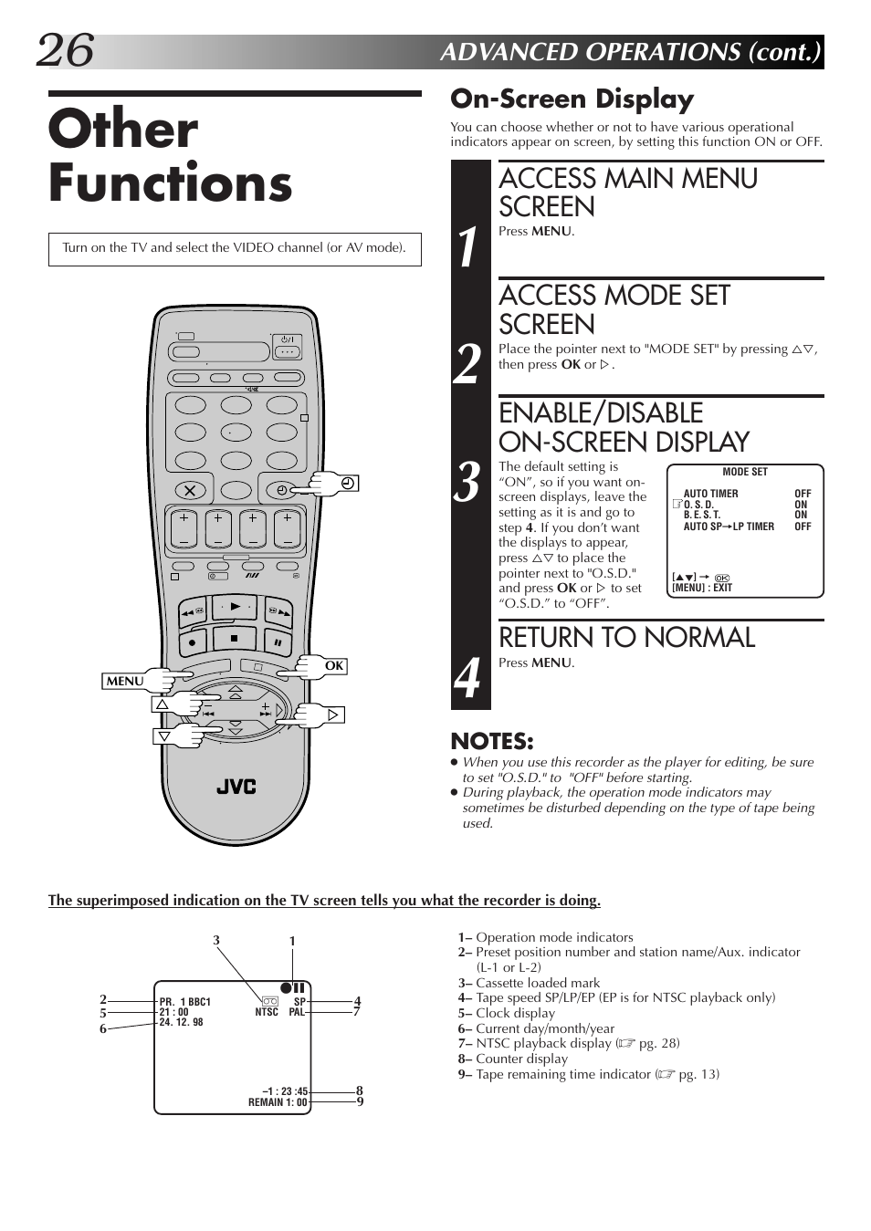 Other functions, Access main menu screen, Access mode set screen | Enable/disable on-screen display, Return to normal, Advanced operations (cont.), On-screen display | JVC HR-J255EK User Manual | Page 26 / 48