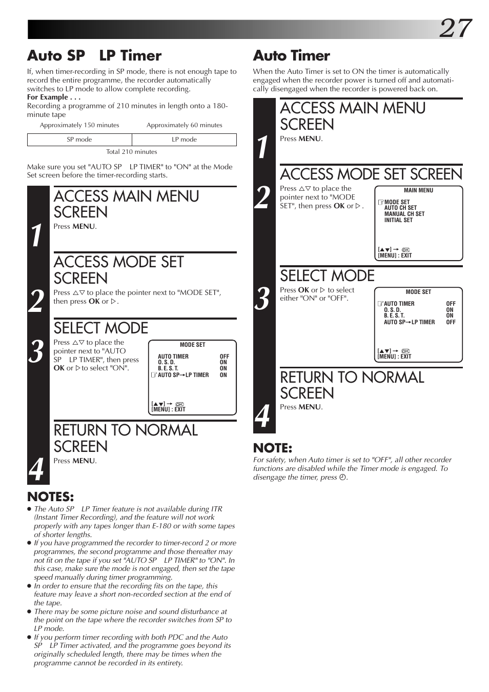 Access main menu screen, Access mode set screen, Select mode | Return to normal screen, Auto timer, Auto sp → lp timer | JVC HR-J255EK User Manual | Page 27 / 48