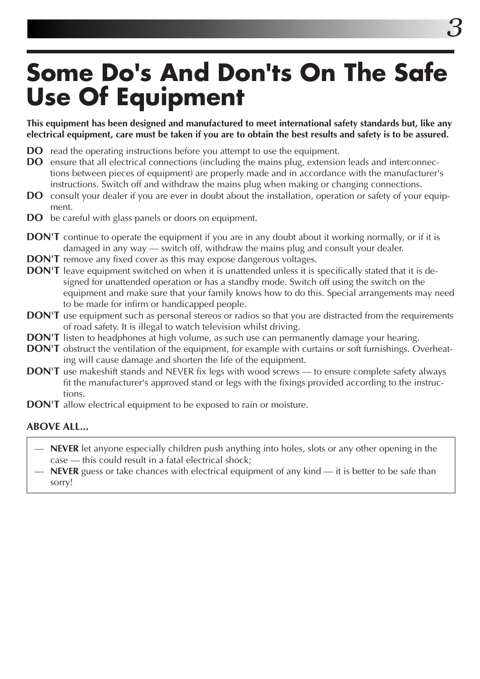 Some do's and don'ts on the safe use of equipment | JVC HR-J255EK User Manual | Page 3 / 48