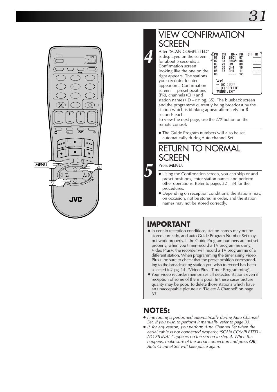View confirmation screen, Return to normal screen, Important | JVC HR-J255EK User Manual | Page 31 / 48