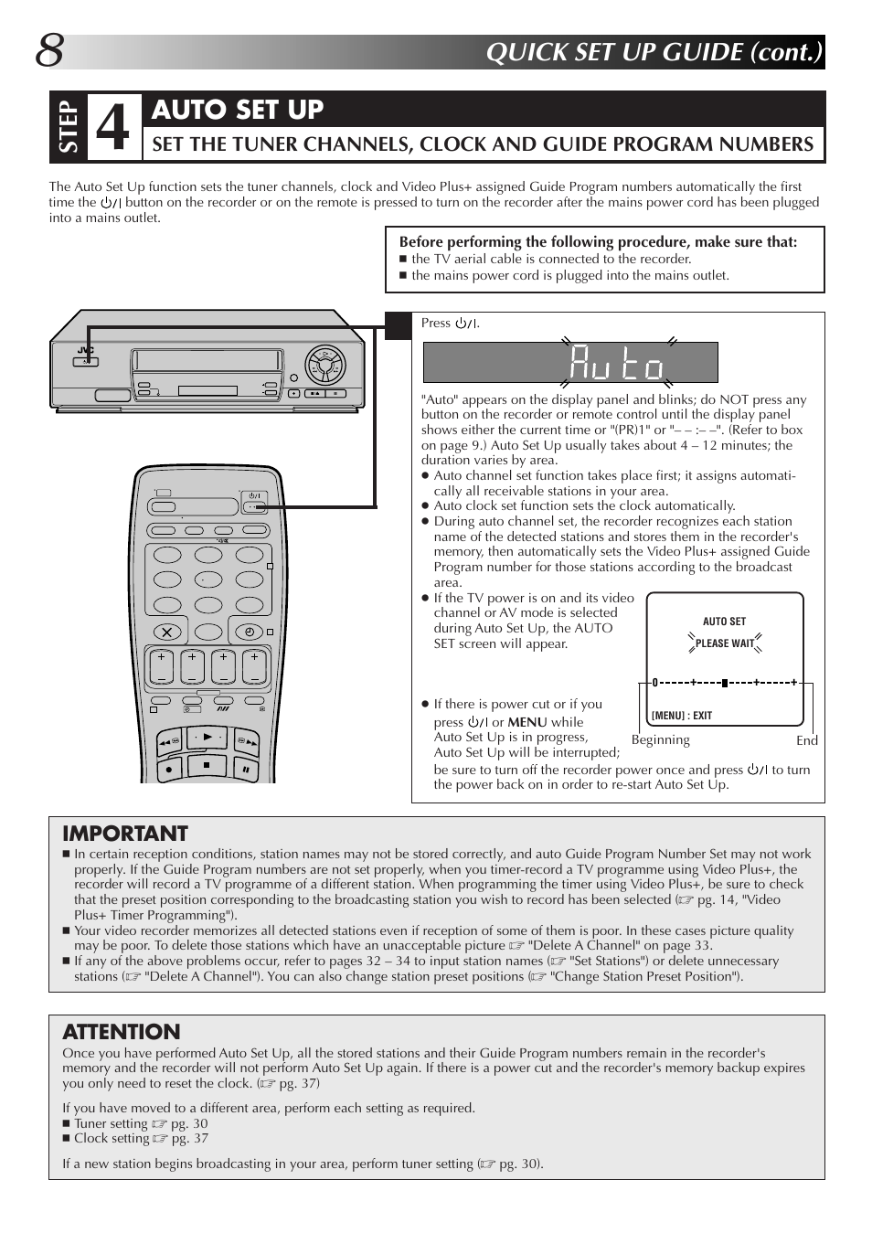 Quick set up guide (cont.), Step, Auto set up | Important, Attention | JVC HR-J255EK User Manual | Page 8 / 48
