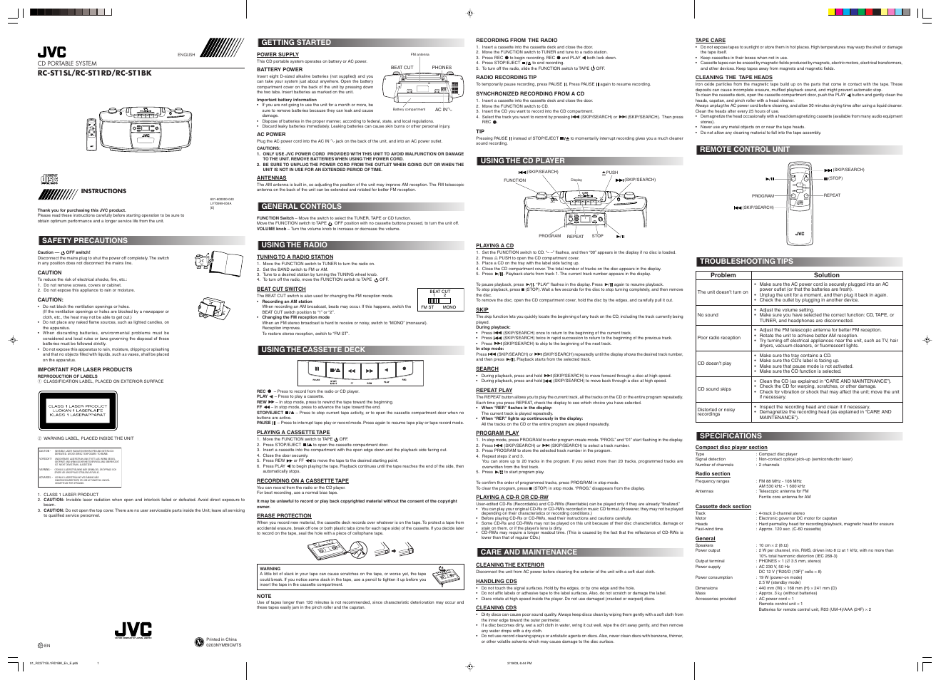 E version, Safety precautions, Getting started | General controls, Using the radio, Using thecassette deck, Using the cd player, Care and maintenance, Remote control unit, Troubleshooting tips | JVC LVT0999-003A User Manual | Page 2 / 3