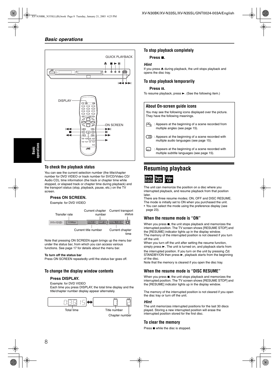 Resuming playback, Basic operations | JVC XV-N35SL User Manual | Page 10 / 34