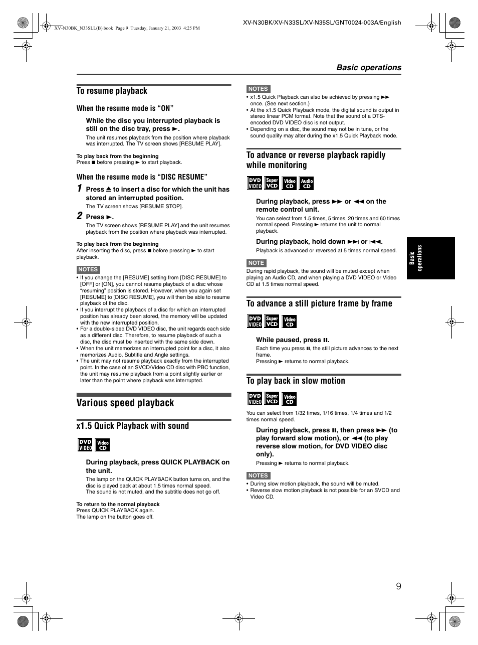 Various speed playback, X1.5 quick playback with sound, Basic operations | JVC XV-N35SL User Manual | Page 11 / 34