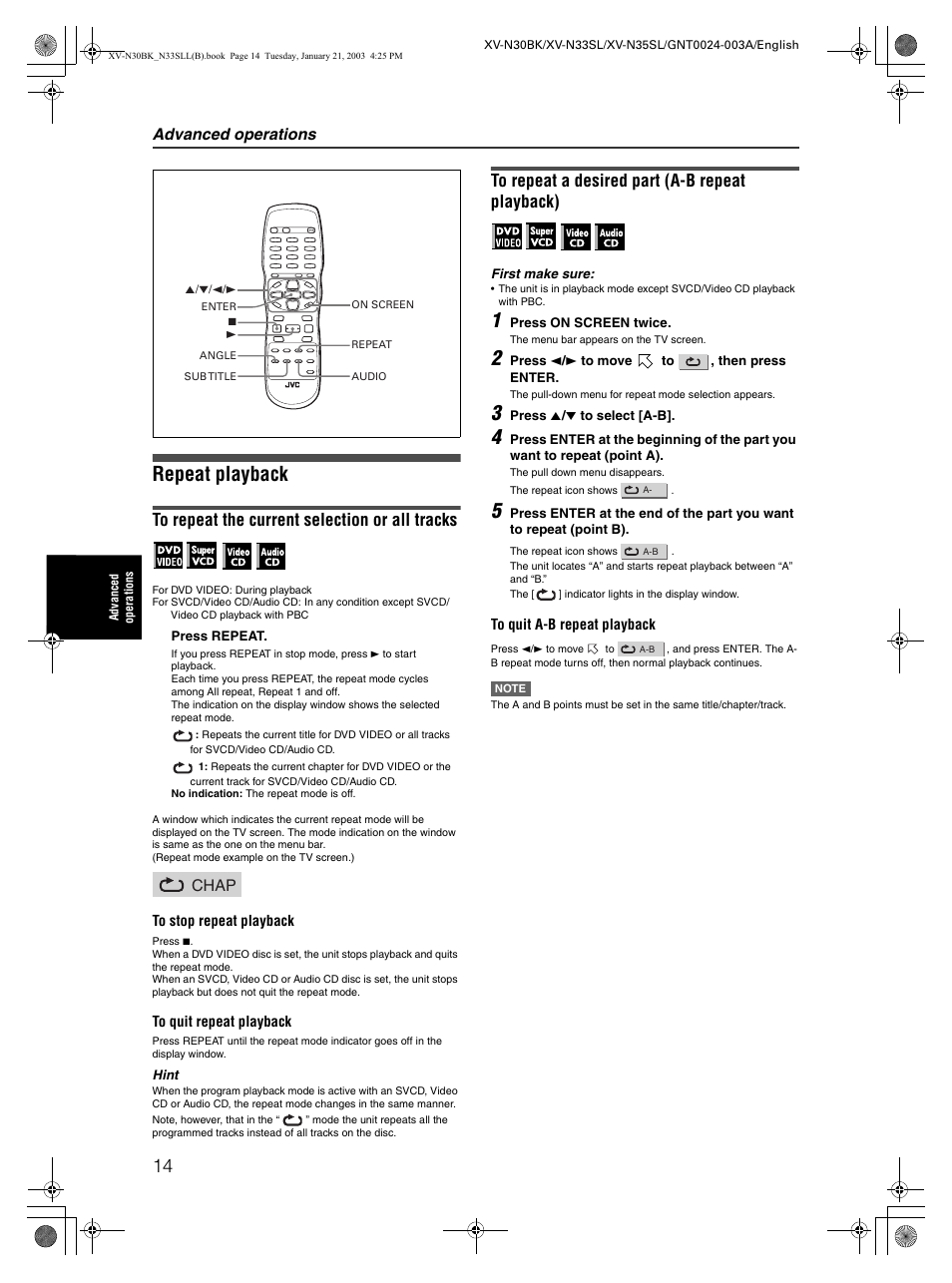 Repeat playback, Advanced operations, Chap | JVC XV-N35SL User Manual | Page 16 / 34