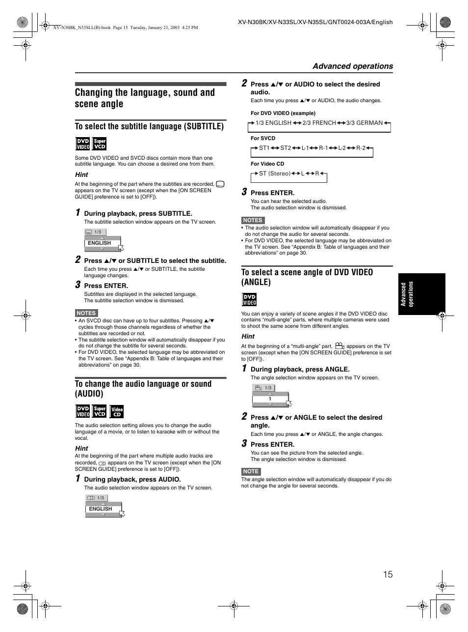 Changing the language, sound and scene angle, Advanced operations | JVC XV-N35SL User Manual | Page 17 / 34