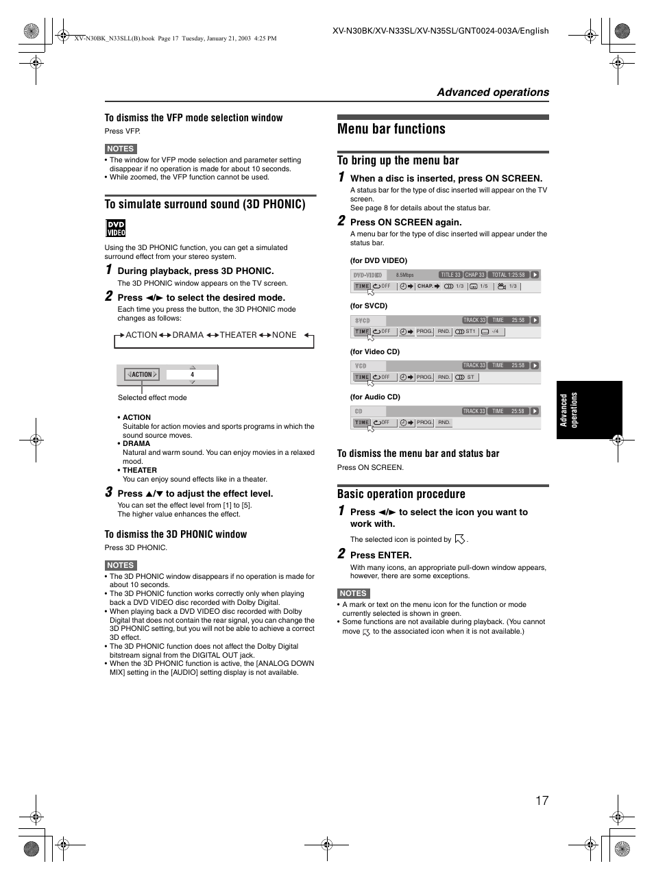 Menu bar functions, Basic operation procedure, Advanced operations | JVC XV-N35SL User Manual | Page 19 / 34