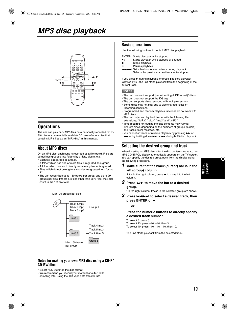 Mp3 disc playback, Operations, About mp3 discs | Basic operations, Selecting the desired group and track | JVC XV-N35SL User Manual | Page 21 / 34
