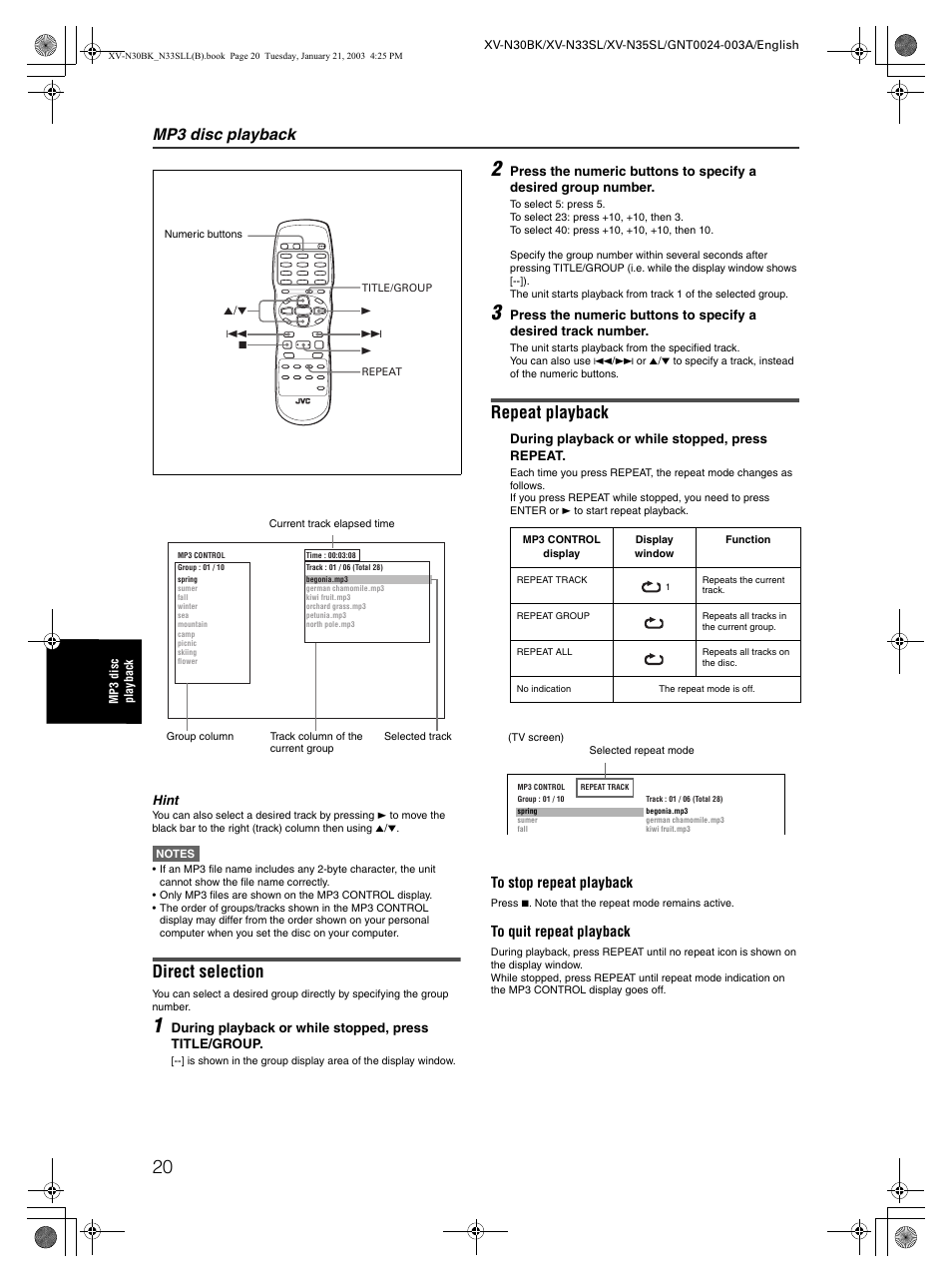 Direct selection, Repeat playback, Mp3 disc playback | JVC XV-N35SL User Manual | Page 22 / 34