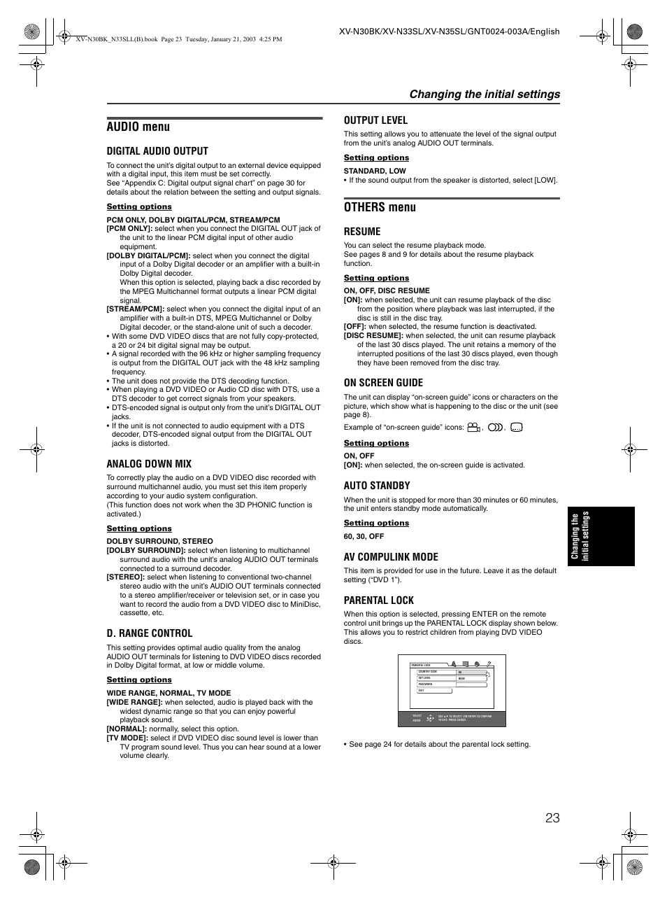 Audio menu, Others menu, Changing the initial settings | Digital audio output, Analog down mix, D. range control, Output level, Resume, On screen guide, Auto standby | JVC XV-N35SL User Manual | Page 25 / 34
