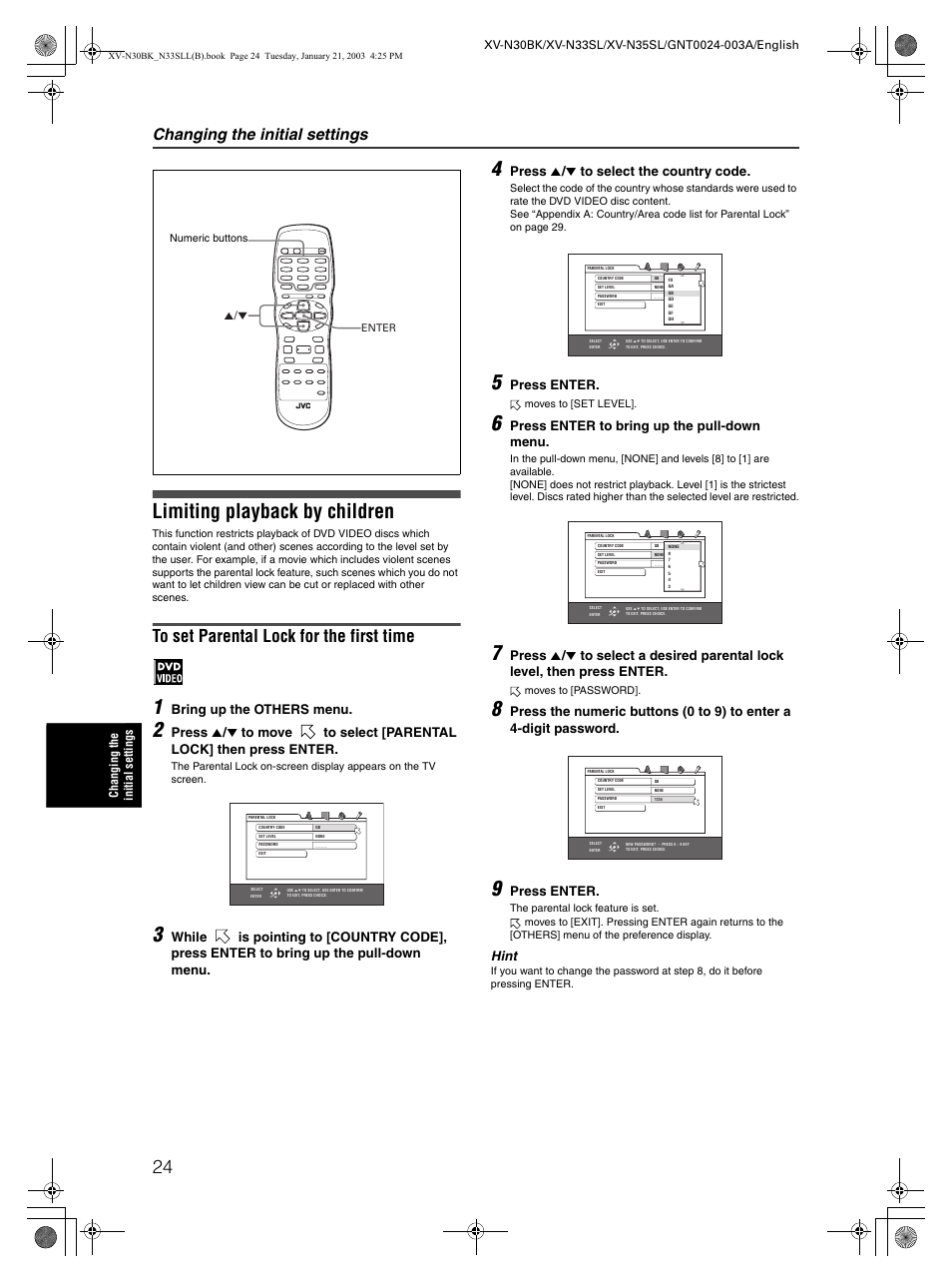 Limiting playback by children, Changing the initial settings, Bring up the others menu | Press 5 / ∞ to select the country code, Press enter, Press enter to bring up the pull-down menu, Hint | JVC XV-N35SL User Manual | Page 26 / 34