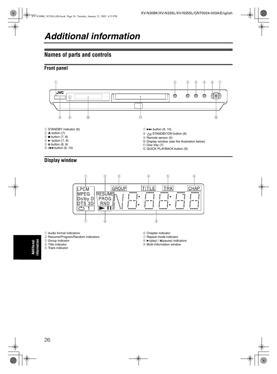 Additional information, Names of parts and controls, Front panel | Display window | JVC XV-N35SL User Manual | Page 28 / 34