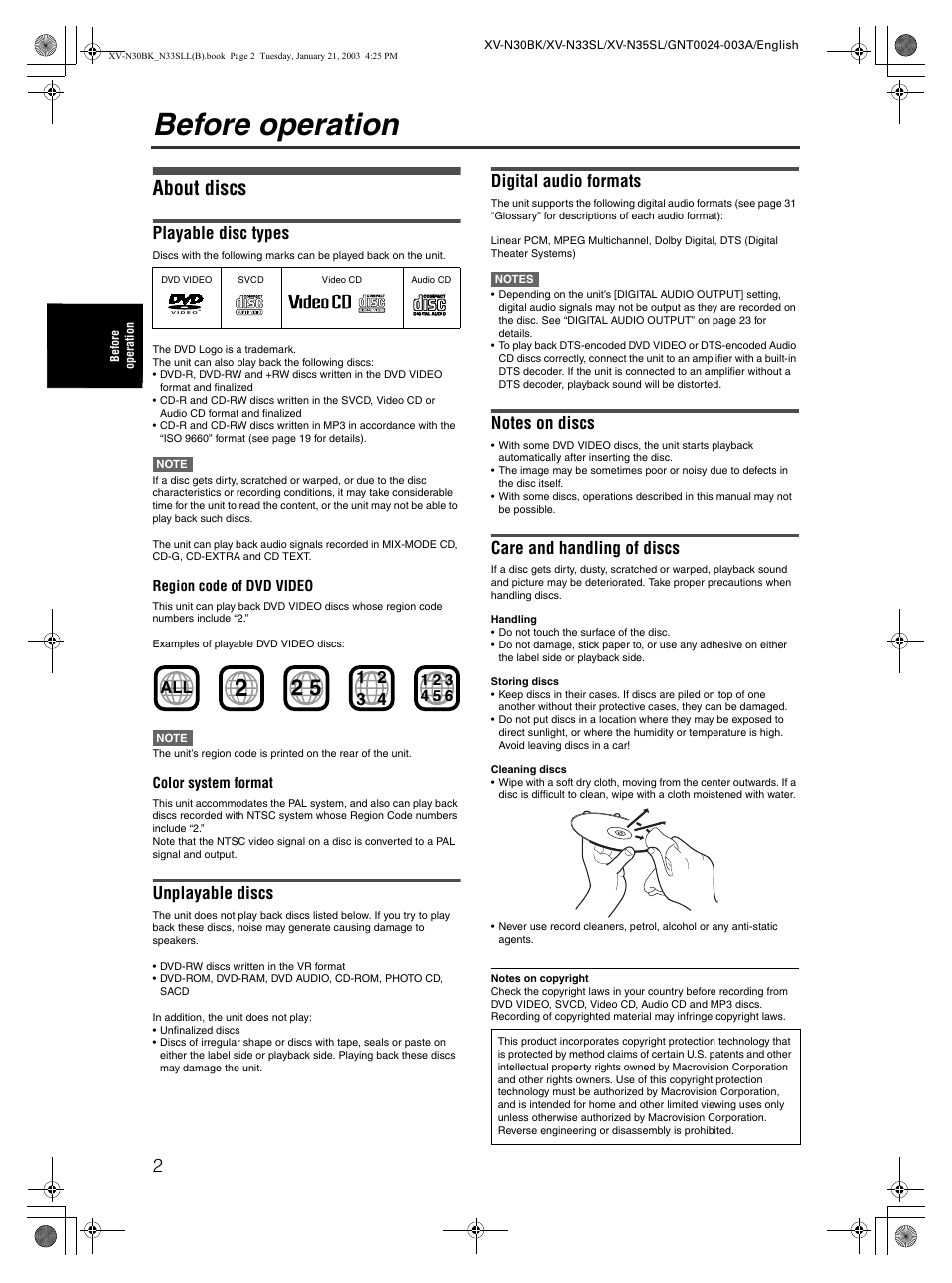 Before operation, About discs, Playable disc types | Unplayable discs, Digital audio formats, Care and handling of discs | JVC XV-N35SL User Manual | Page 4 / 34