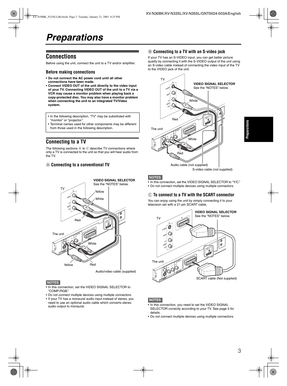Preparations, Connections, Connecting to a tv | Before making connections, A connecting to a conventional tv, B connecting to a tv with an s-video jack, C to connect to a tv with the scart connector | JVC XV-N35SL User Manual | Page 5 / 34