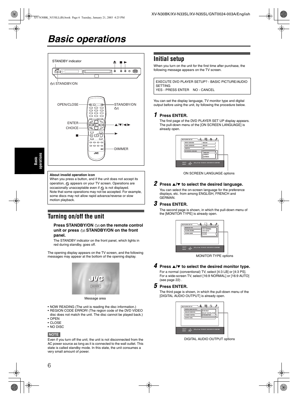 Basic operations, Turning on/off the unit, Initial setup | Press enter, Press 5 / ∞ to select the desired language, Press 5 / ∞ to select the desired monitor type | JVC XV-N35SL User Manual | Page 8 / 34