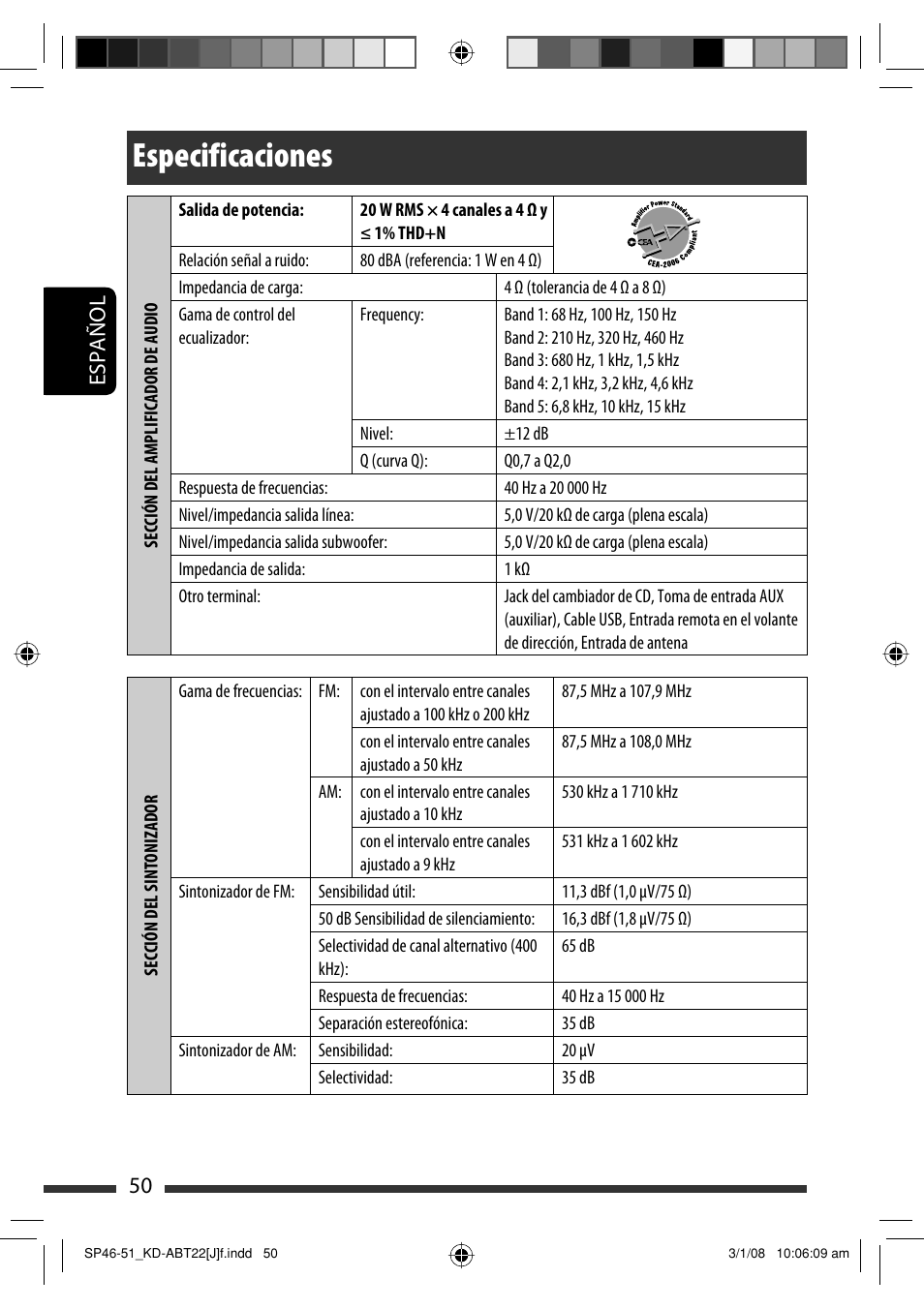 Especificaciones, Español 50 | JVC Model KD-ABT22J User Manual | Page 100 / 153