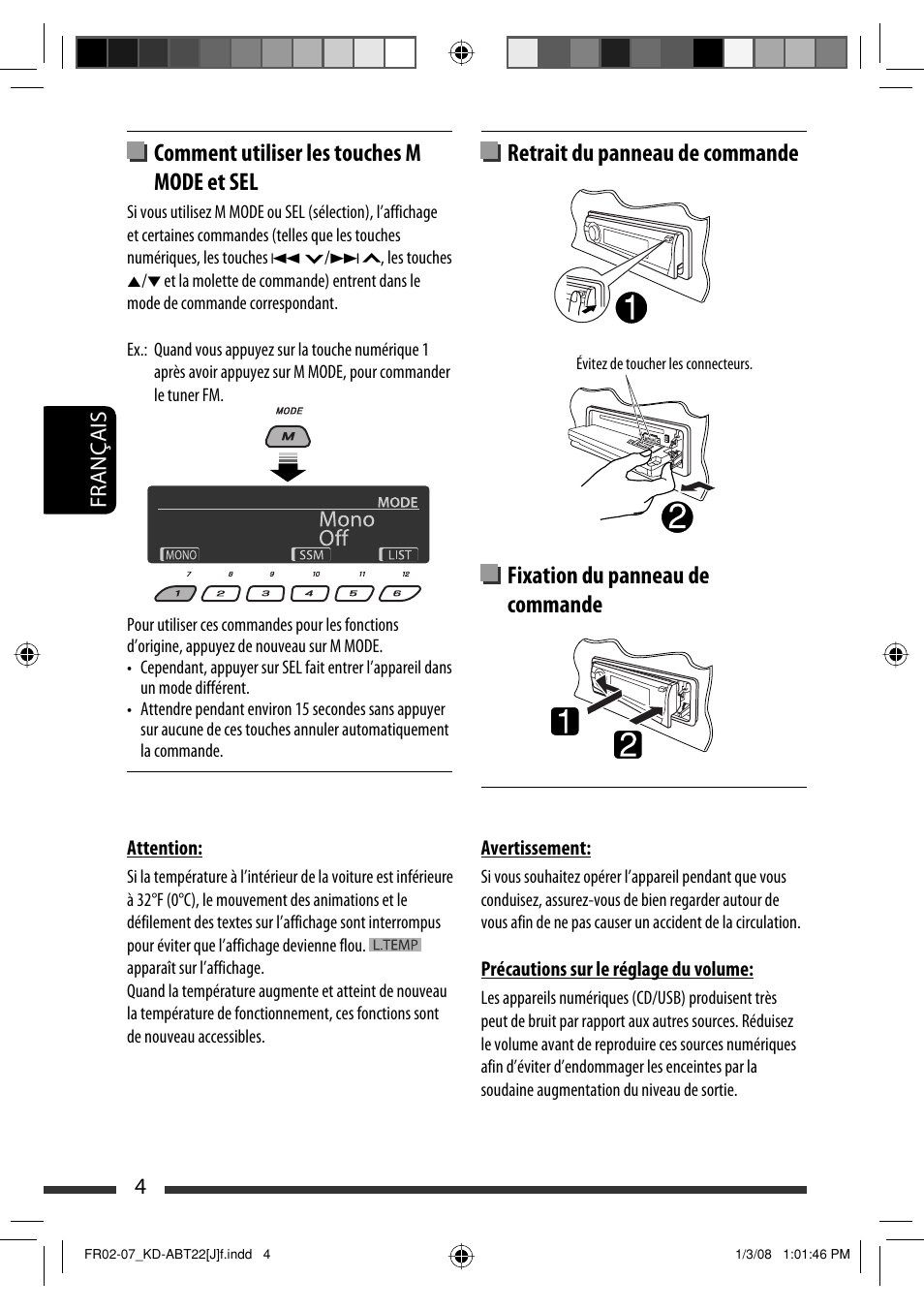 Comment utiliser les touches m mode et sel, 4français | JVC Model KD-ABT22J User Manual | Page 104 / 153