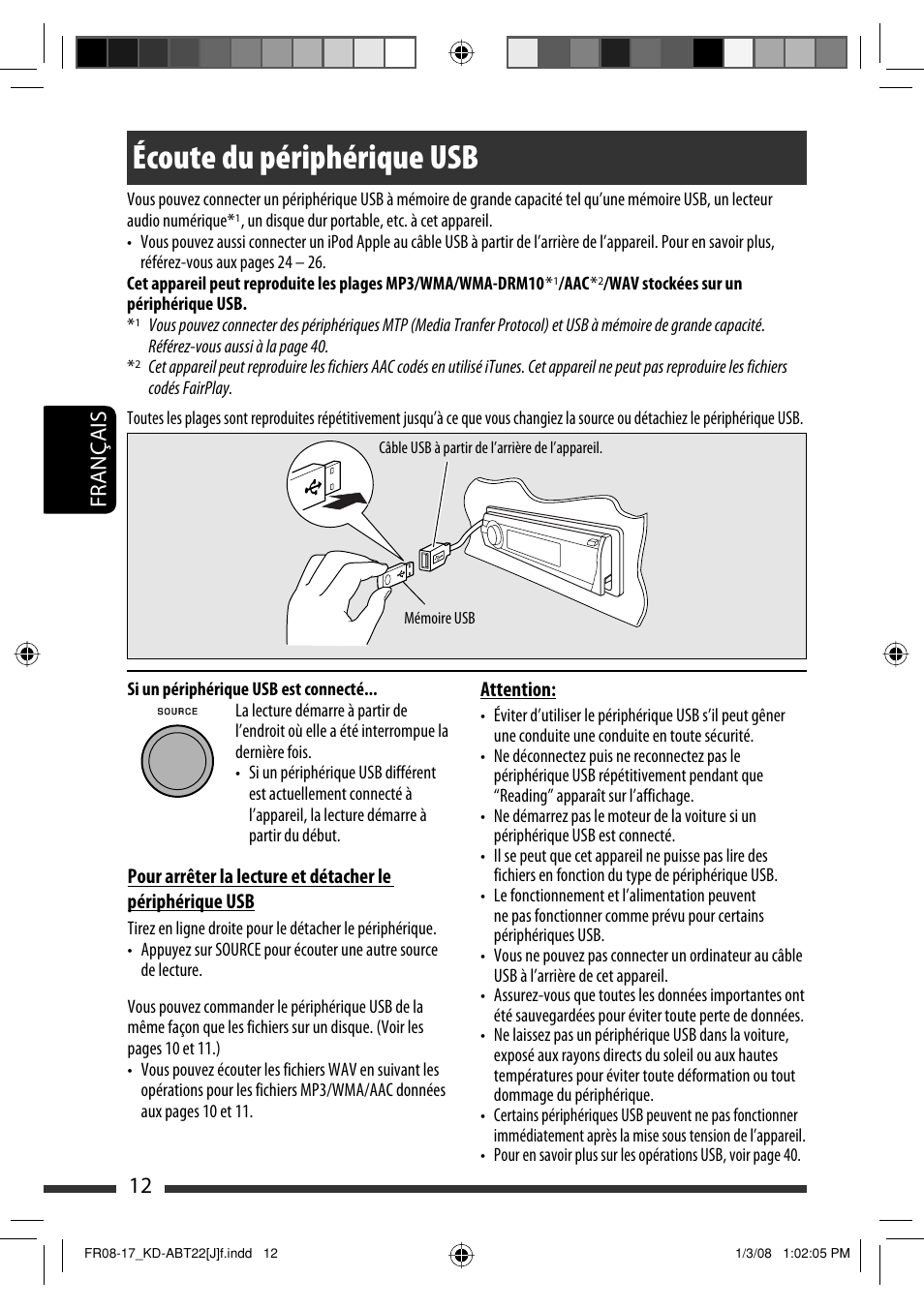 Écoute du périphérique usb, 12 français | JVC Model KD-ABT22J User Manual | Page 112 / 153