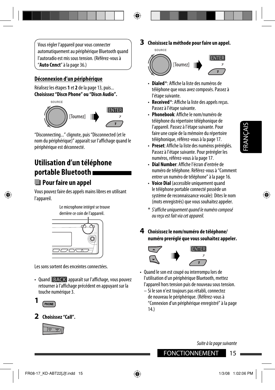 Utilisation d’un téléphone portable bluetooth, Pour faire un appel | JVC Model KD-ABT22J User Manual | Page 115 / 153
