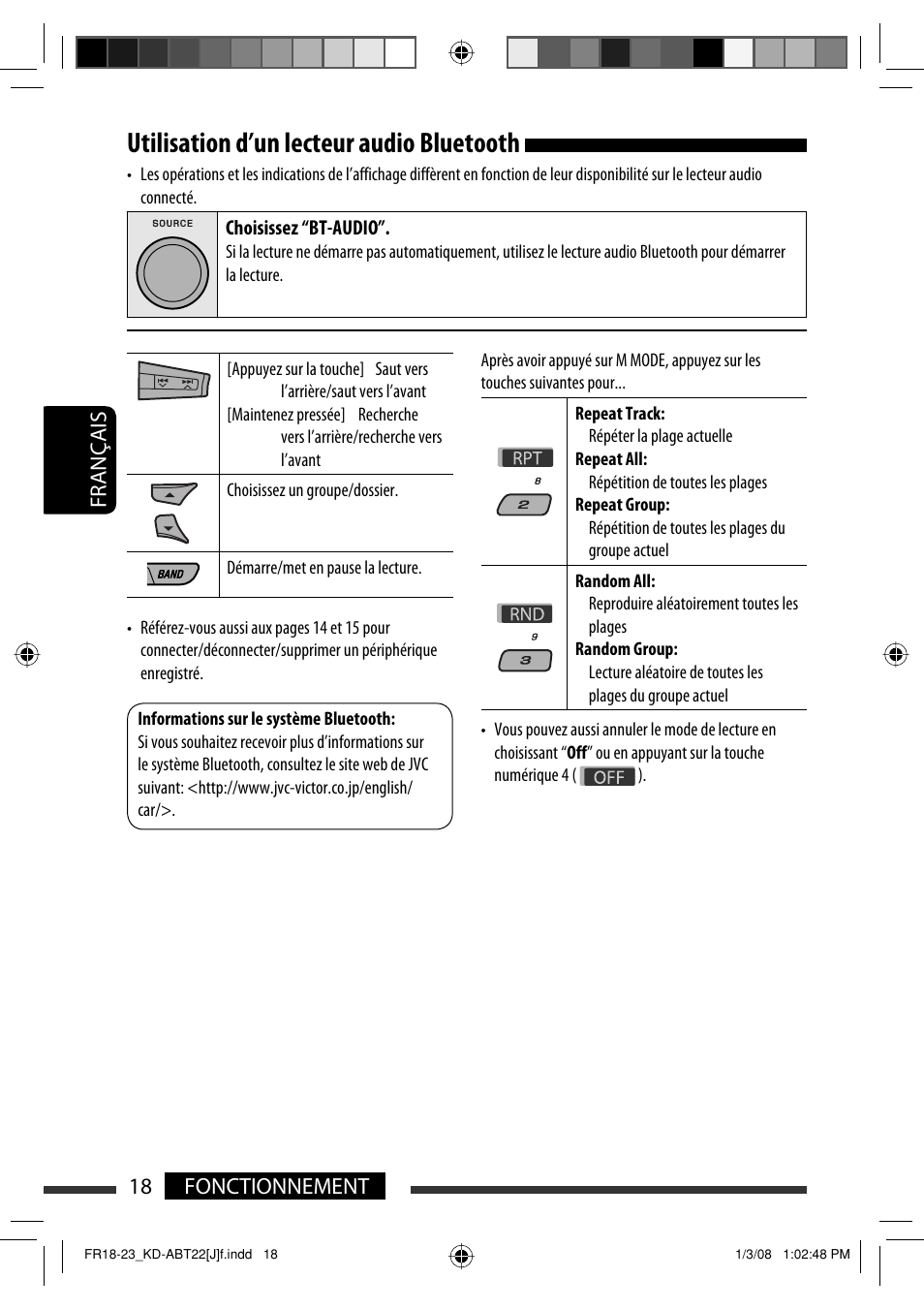 Utilisation d’un lecteur audio bluetooth, 18 fonctionnement français | JVC Model KD-ABT22J User Manual | Page 118 / 153