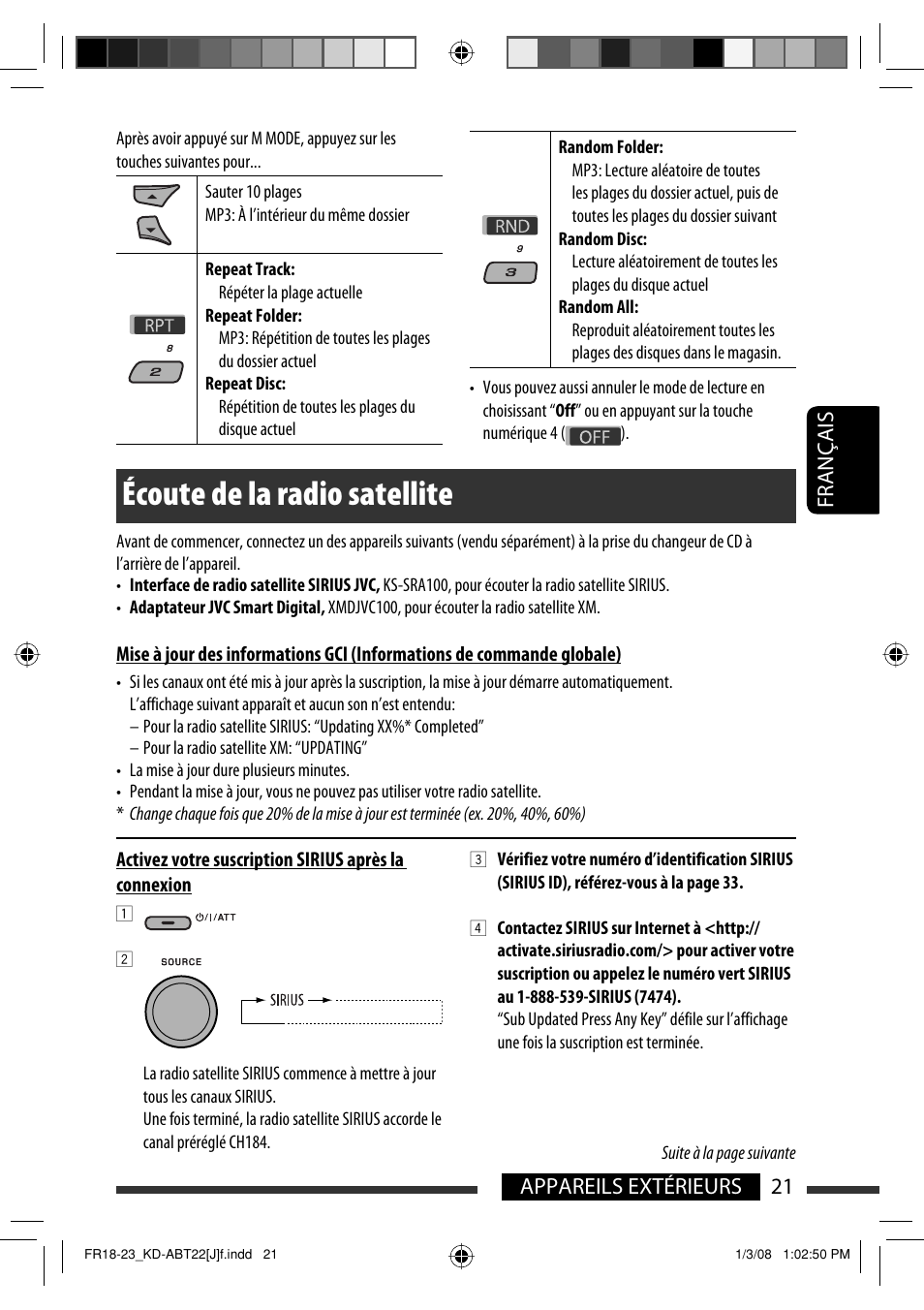 Écoute de la radio satellite, 21 appareils extérieurs français | JVC Model KD-ABT22J User Manual | Page 121 / 153