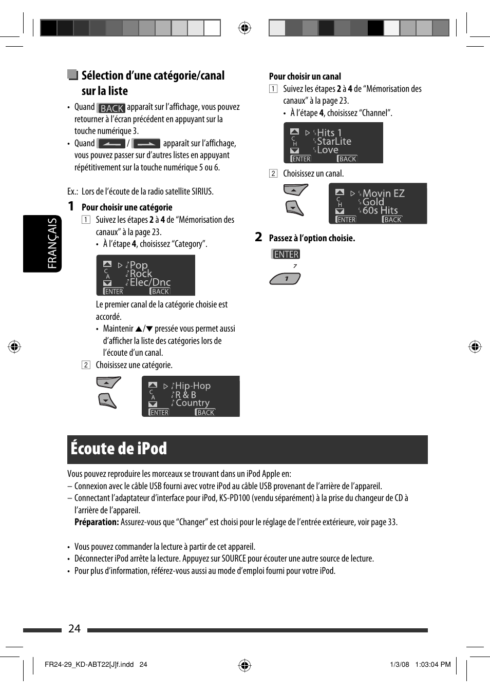 Écoute de ipod, Sélection d’une catégorie/canal sur la liste, 24 français | JVC Model KD-ABT22J User Manual | Page 124 / 153