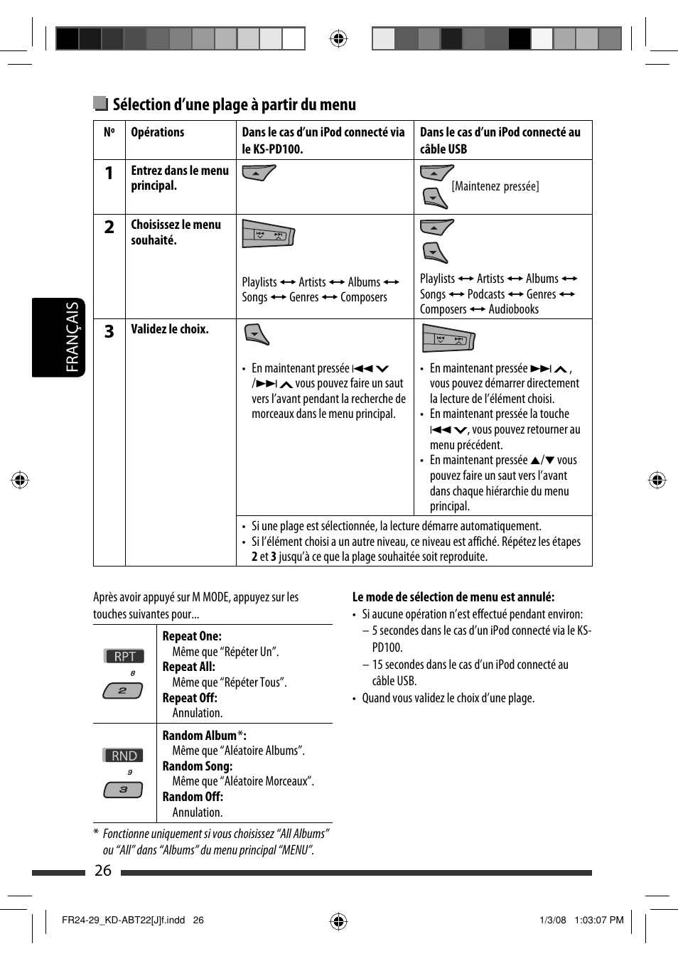 Sélection d’une plage à partir du menu, 26 français | JVC Model KD-ABT22J User Manual | Page 126 / 153