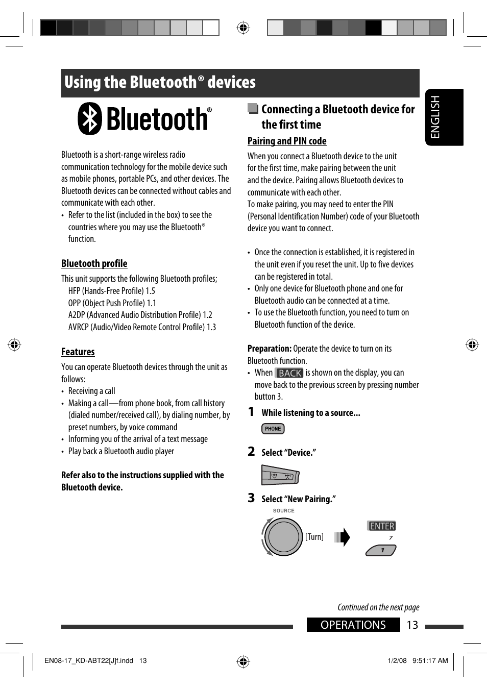 Using the bluetooth ® devices, Connecting a bluetooth device for the first time | JVC Model KD-ABT22J User Manual | Page 13 / 153