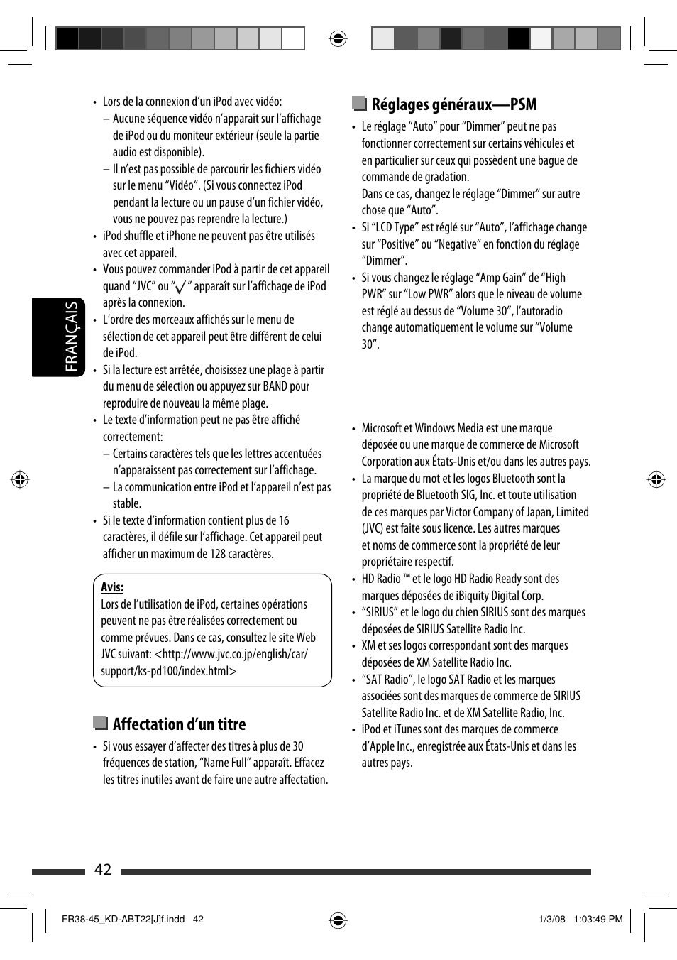 Affectation d’un titre, Réglages généraux—psm, Français 42 | JVC Model KD-ABT22J User Manual | Page 142 / 153