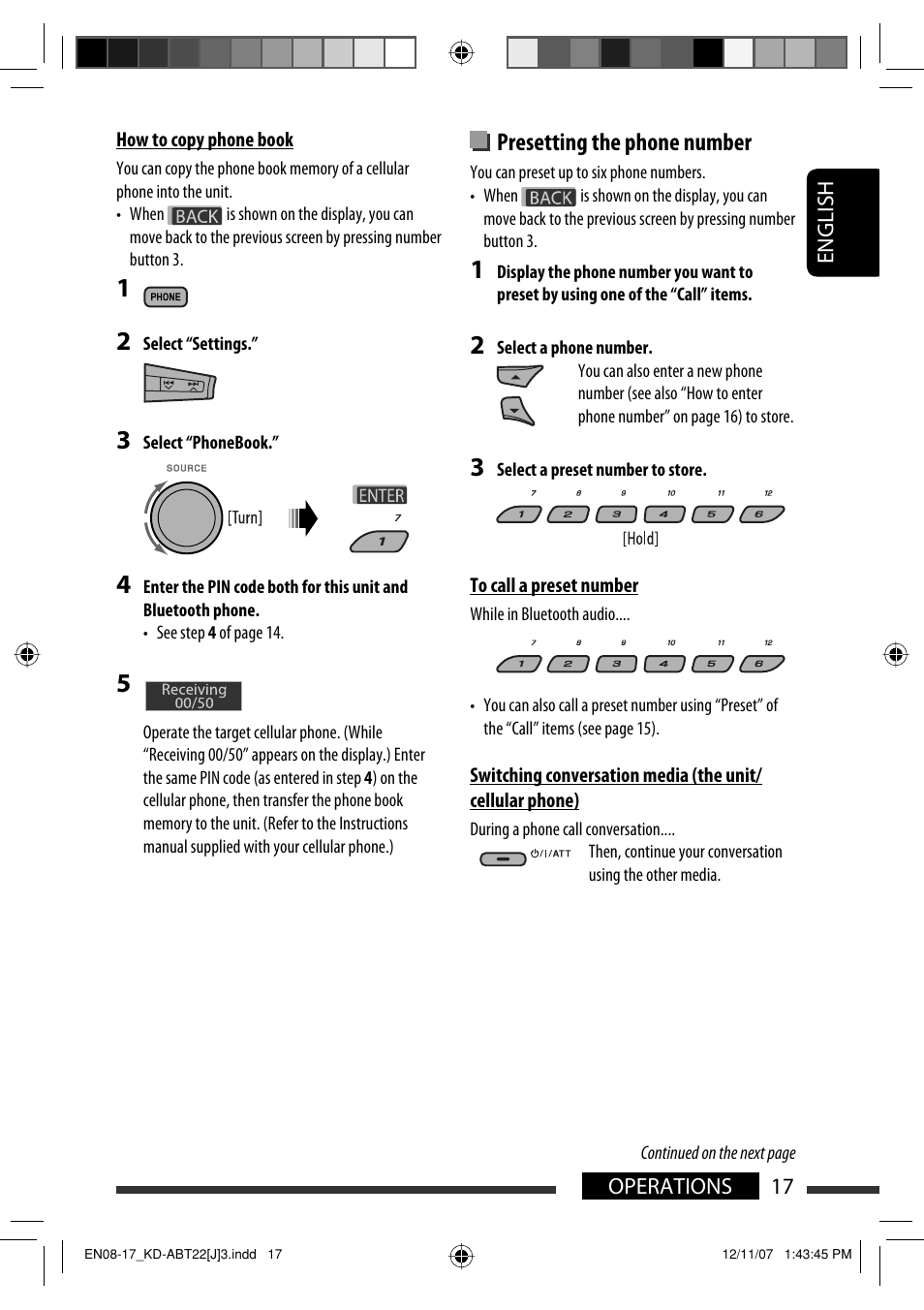 Presetting the phone number | JVC Model KD-ABT22J User Manual | Page 17 / 153