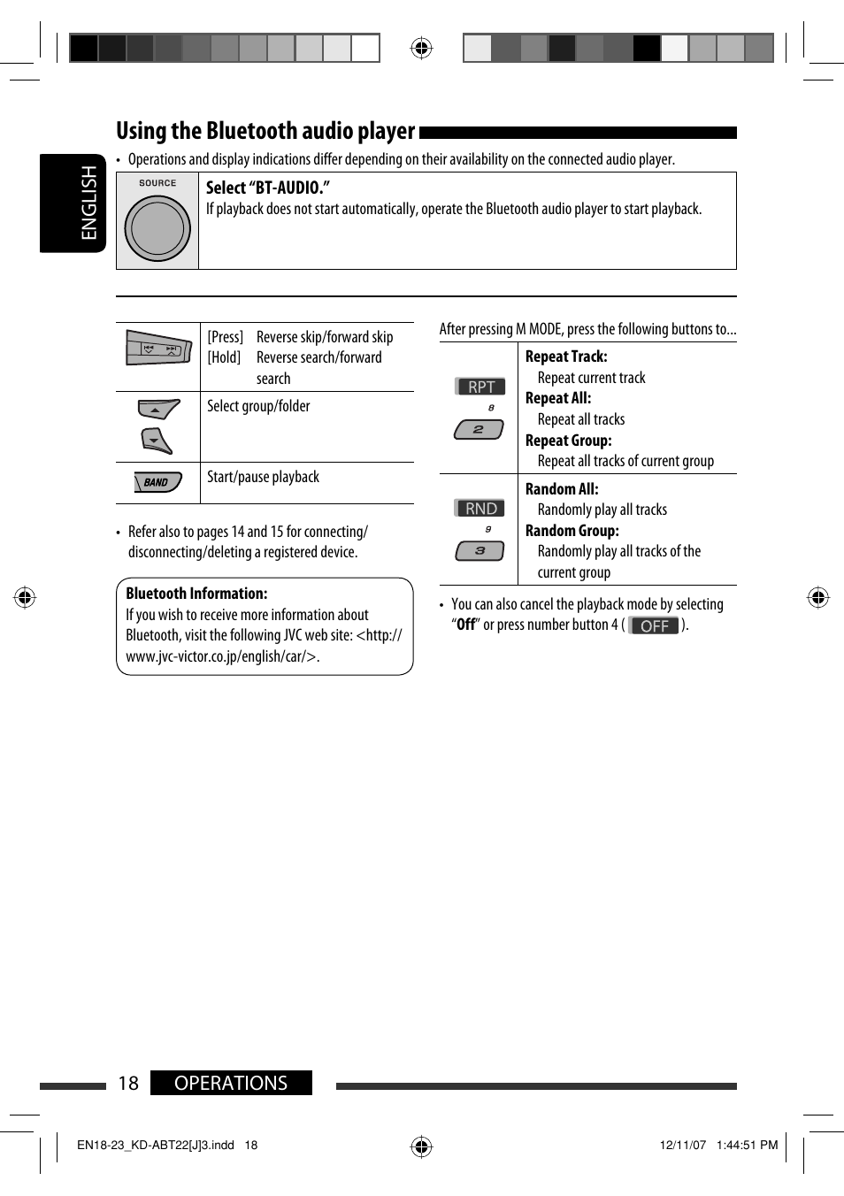 Using the bluetooth audio player, English 18 operations | JVC Model KD-ABT22J User Manual | Page 18 / 153