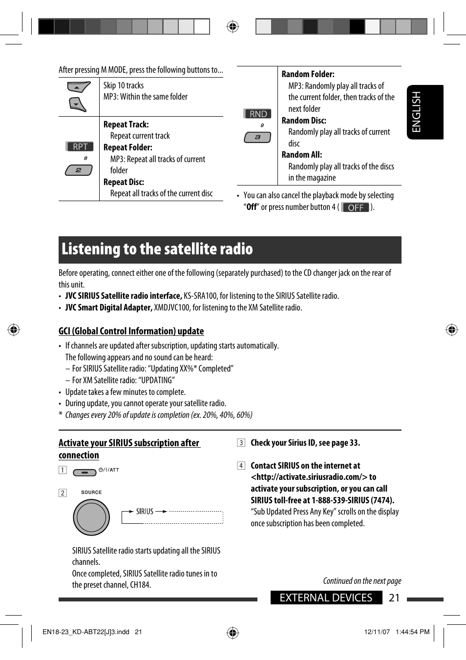 Listening to the satellite radio, English 21 external devices | JVC Model KD-ABT22J User Manual | Page 21 / 153