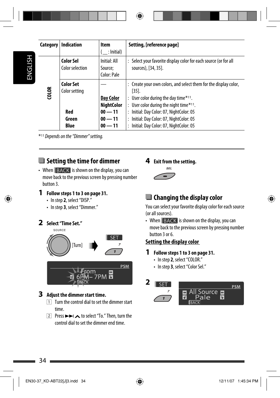 Changing the display color, Setting the time for dimmer, English 34 | JVC Model KD-ABT22J User Manual | Page 34 / 153