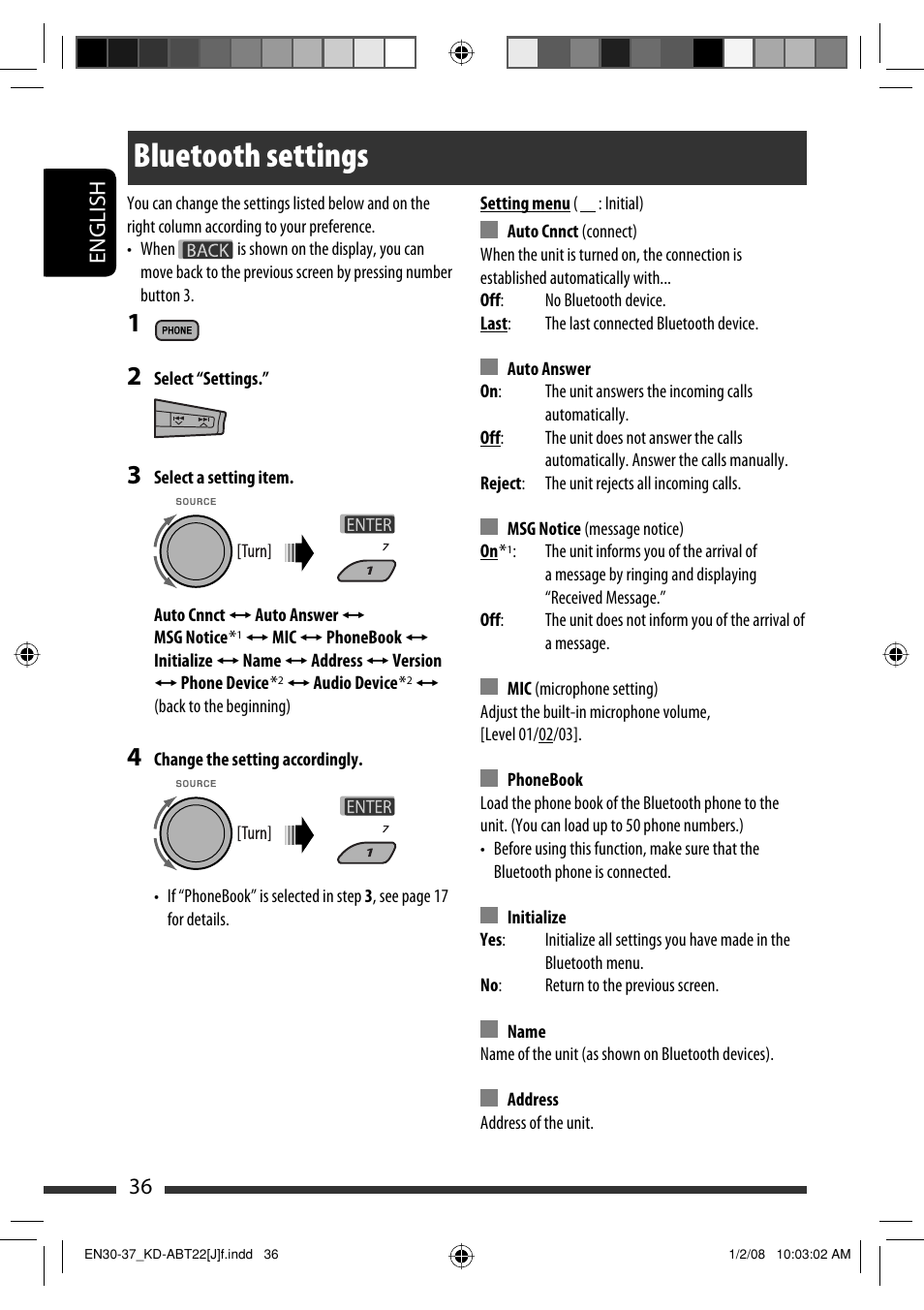 Bluetooth settings, English 36 | JVC Model KD-ABT22J User Manual | Page 36 / 153