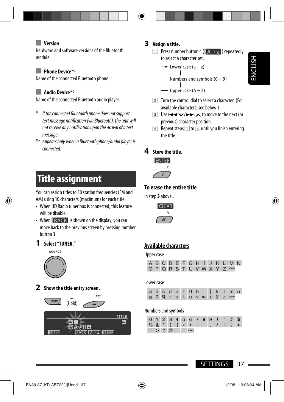 Title assignment, English 37 settings | JVC Model KD-ABT22J User Manual | Page 37 / 153