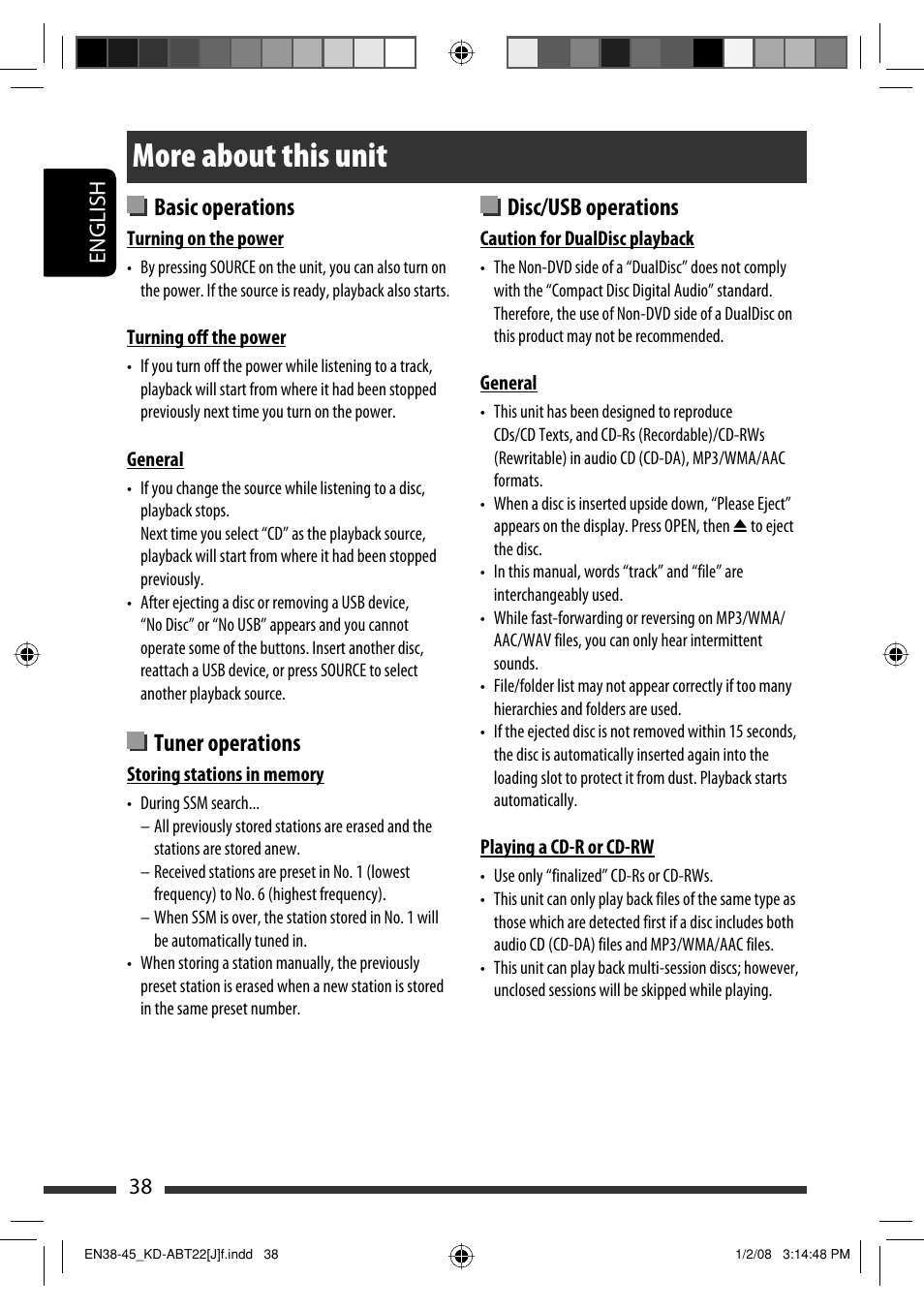 More about this unit, Disc/usb operations, Basic operations | Tuner operations, English 38 | JVC Model KD-ABT22J User Manual | Page 38 / 153